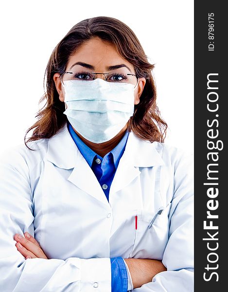 Doctor with mask and folded hands on an isolated background