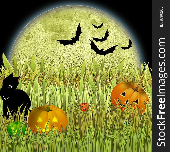 Halloween with moon, cat,bats and pumpkins