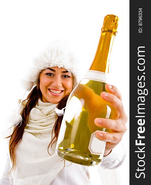 Pretty woman showing champagne against white background