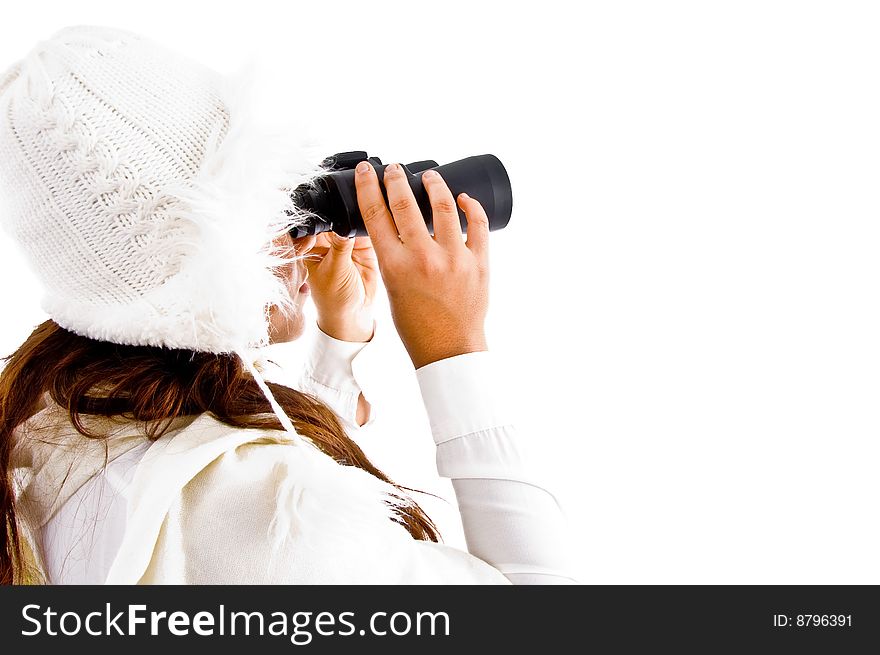 Back pose of female holding binocular with white background