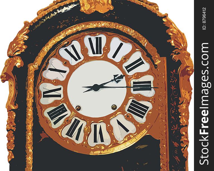 Ancient clock with beautiful bronze clock dial against white background