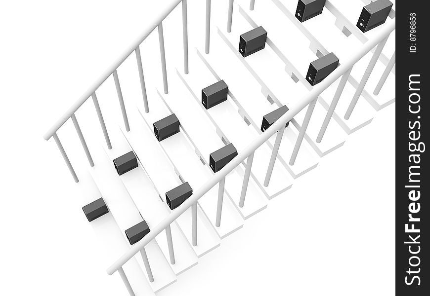 Isolated three dimensional cpu on stairs on an isolated white background. Isolated three dimensional cpu on stairs on an isolated white background