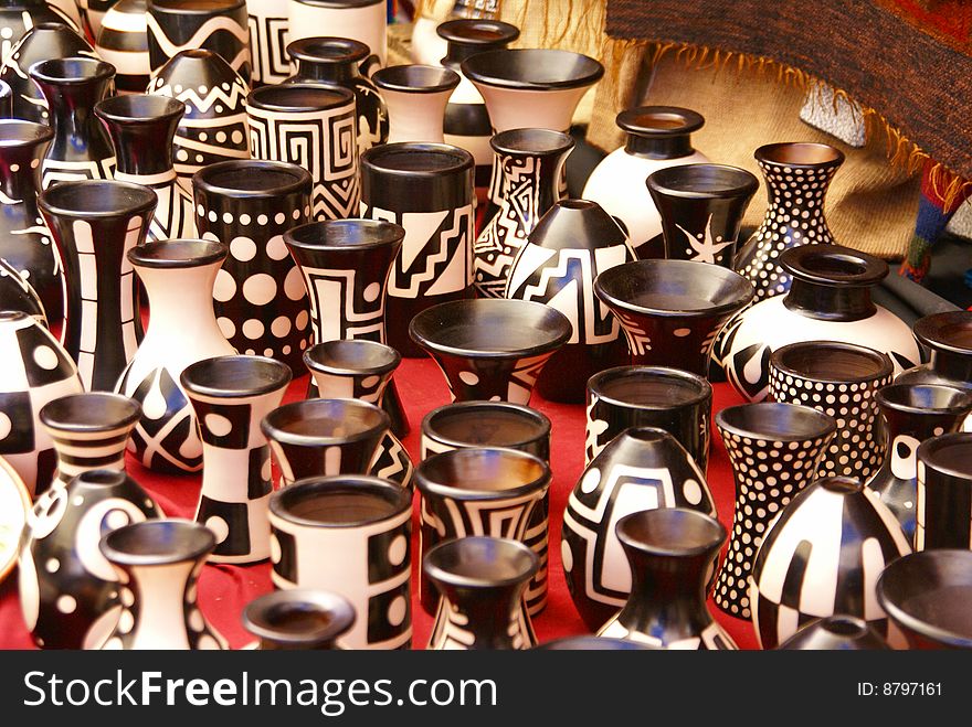 Black and white pottery cups, Pisac market,  Cusco, Peru, South America