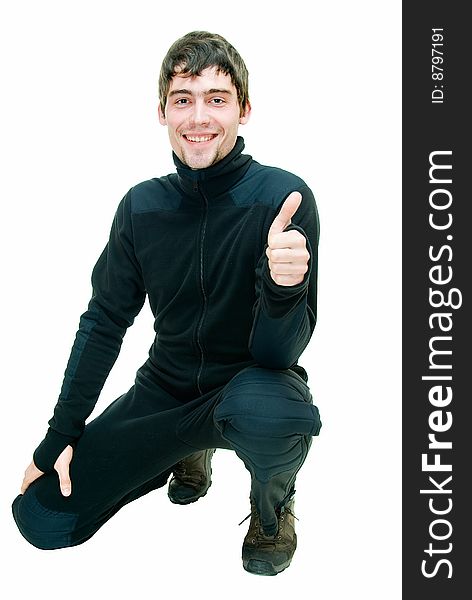 Young sympathetic man in suit for flight on hang-glider