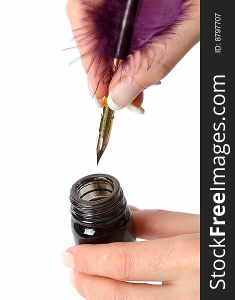 Hands with feather and inkwell