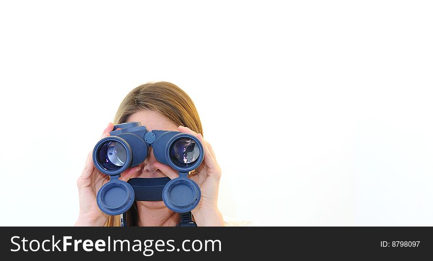 Girl looking through big blue binoculars. Girl looking through big blue binoculars