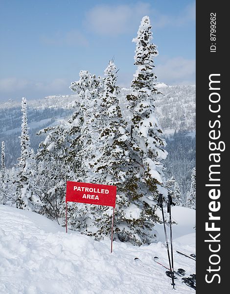 Sign patrolled area on mountain slope for ski and snowboarding freeride