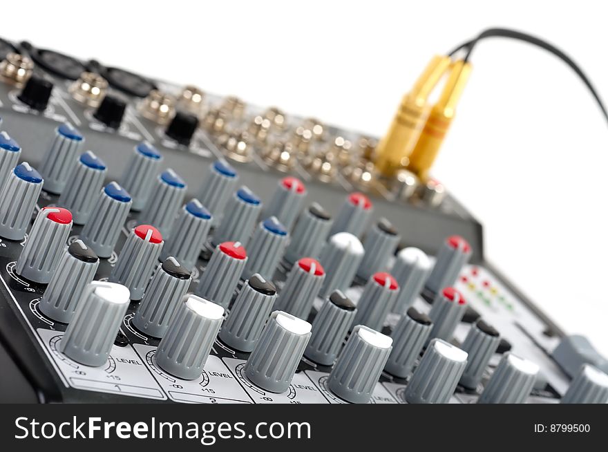 Audio control console on white background