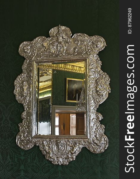 Antique silver mirror in the green room at Charlottenburg, Berlin.