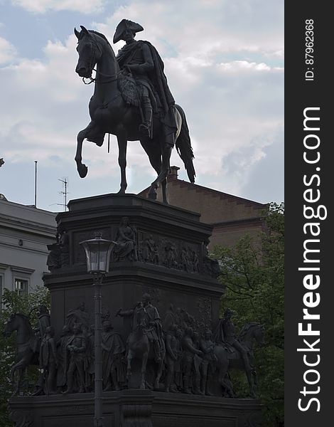 The Equestrian statue of Frederick the Great at the east end of Unter den Linden in Berlin, Germany.
