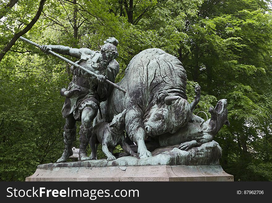 Tiergarten bison hunt statue in Berlin, Germany,