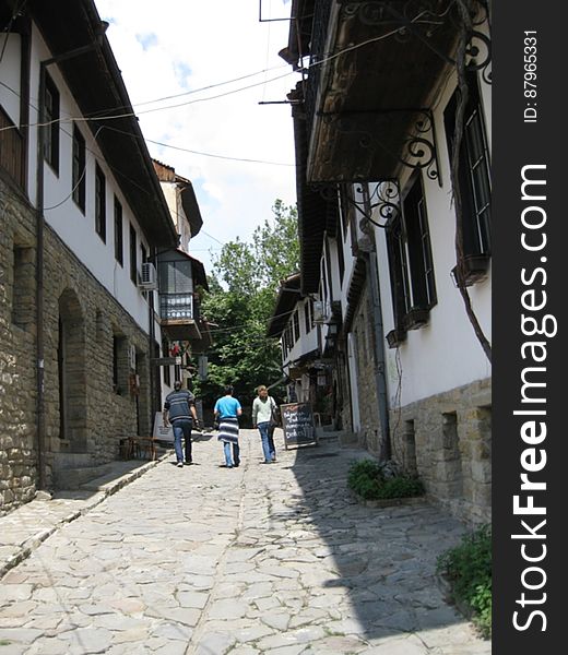 Rear view of three people walking down a cobblestone alley past old buildings.