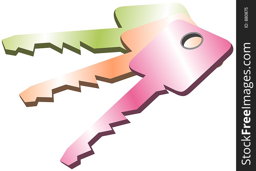 Three keys in different colours on isolated background. Three keys in different colours on isolated background