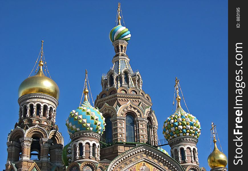 Gold and multicolored domes of  cathedral