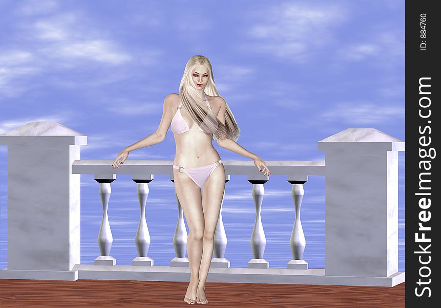 Mixed media 3d render and illustration of a bikini clad blonde beauty. Mixed media 3d render and illustration of a bikini clad blonde beauty