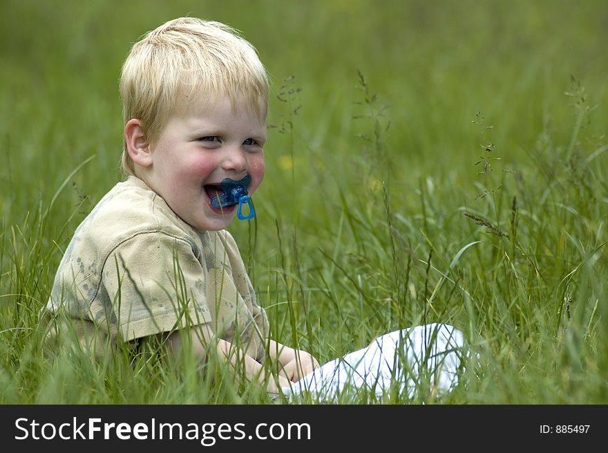 A 2 year old sitting in the grass. A 2 year old sitting in the grass.
