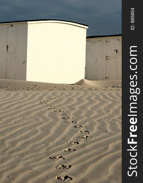 Summer in denmark:beach houses, birds foot steps in the sand. Summer in denmark:beach houses, birds foot steps in the sand