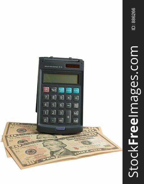 Money and calculator on white background. Money and calculator on white background