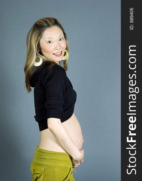 Japanese woman who is seven months pregnant