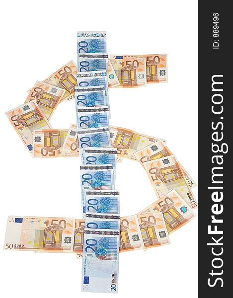 Dollar-sign made of Euro bills. Dollar-sign made of Euro bills