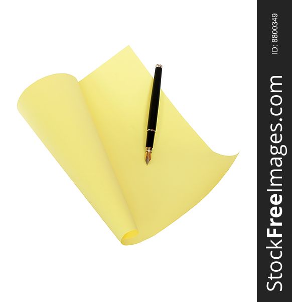 Nice yellow papery sheet with fountain pen isolated on white. Nice yellow papery sheet with fountain pen isolated on white