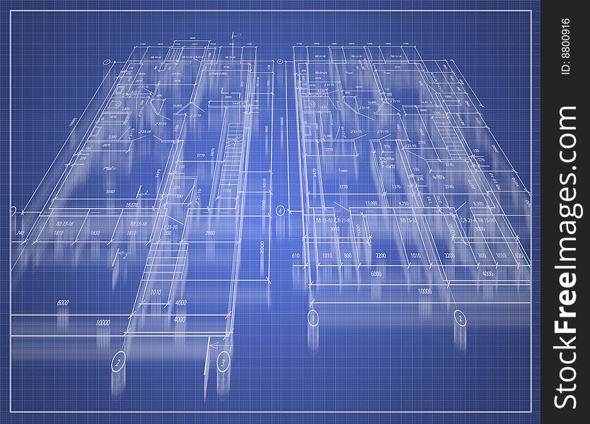 Technical drawing (draft) over a blue background in perspective. Technical drawing (draft) over a blue background in perspective