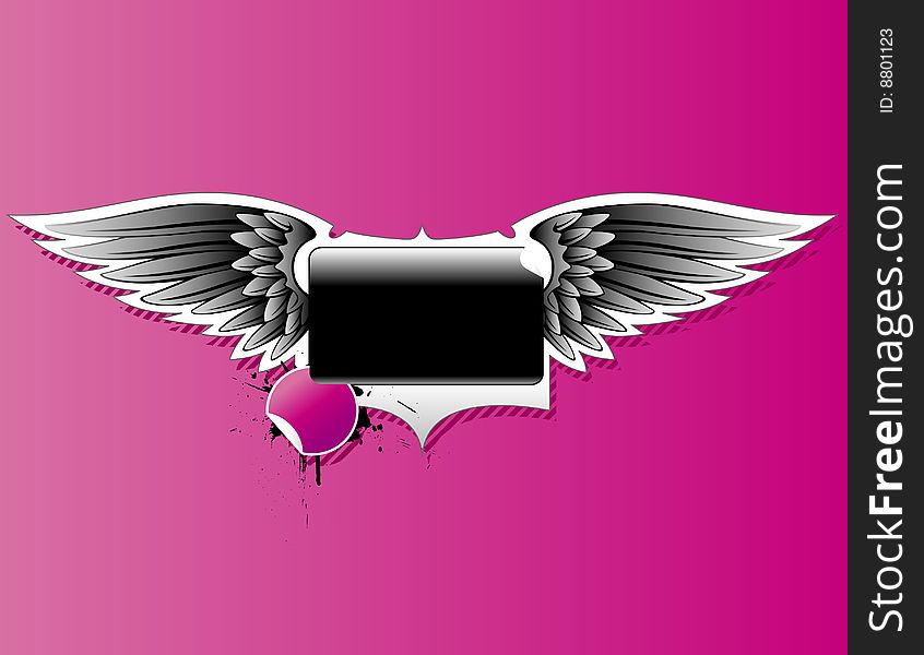 Square shaped glossy banner with silver wings on a pink background. Vector design. Square shaped glossy banner with silver wings on a pink background. Vector design.