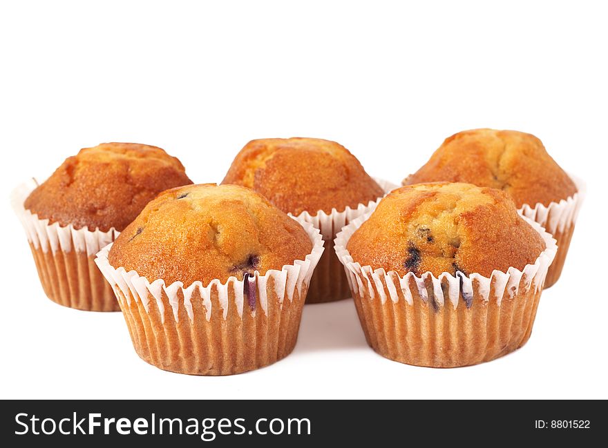 Fresh blueberry muffins isolated on white background. Fresh blueberry muffins isolated on white background