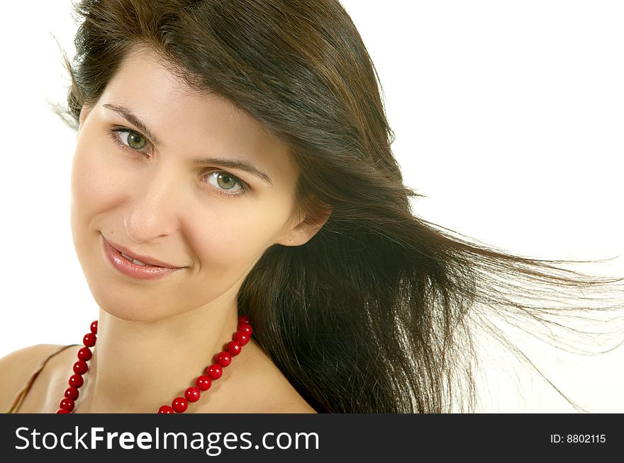Portrait of young smiling woman on white background. Portrait of young smiling woman on white background