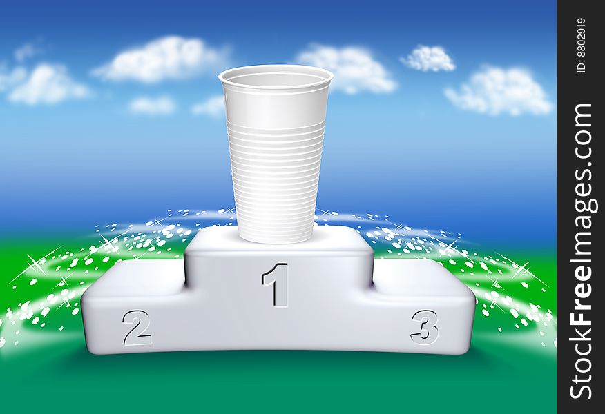 White podium on the green against clear blue sky and beaker. White podium on the green against clear blue sky and beaker