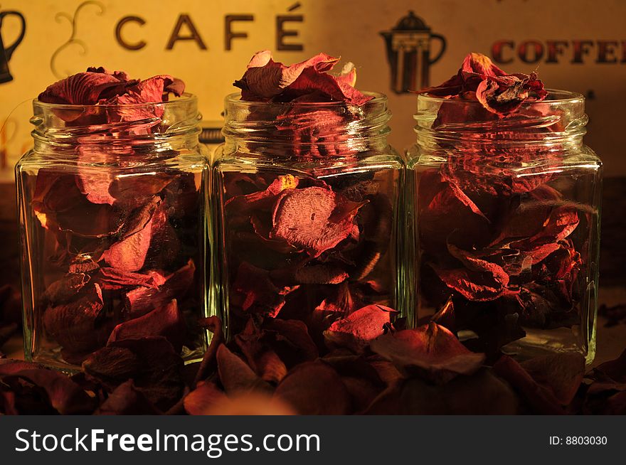 Dried roses petals in jars. Dried roses petals in jars