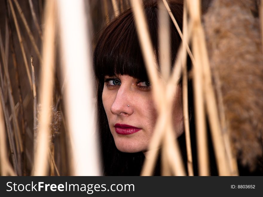 Girl look through the reed. Girl look through the reed