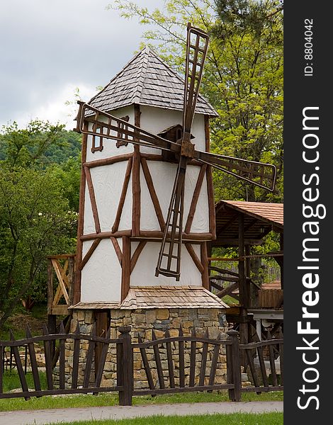 Wooden windmill in a rural museum
