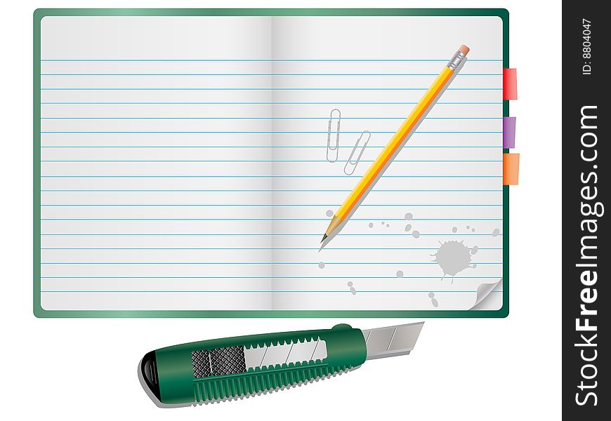 Vector notepad with pencil, paper clips and Knife.