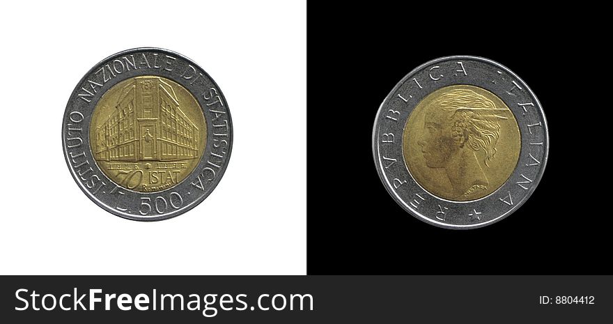 Italian 500 lire over black and white background. Italian 500 lire over black and white background