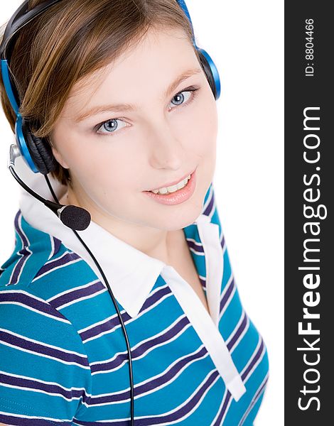 Beautiful woman talking by headphone. Beautiful woman talking by headphone