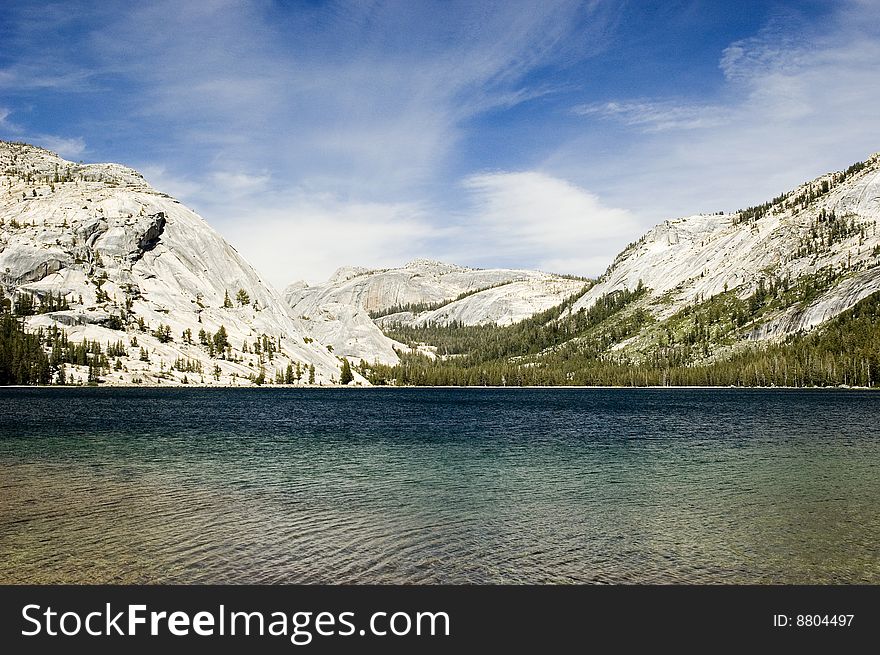 Panoramic view of Tioga Lake in the High Sierras of Californias Yosemite National Park