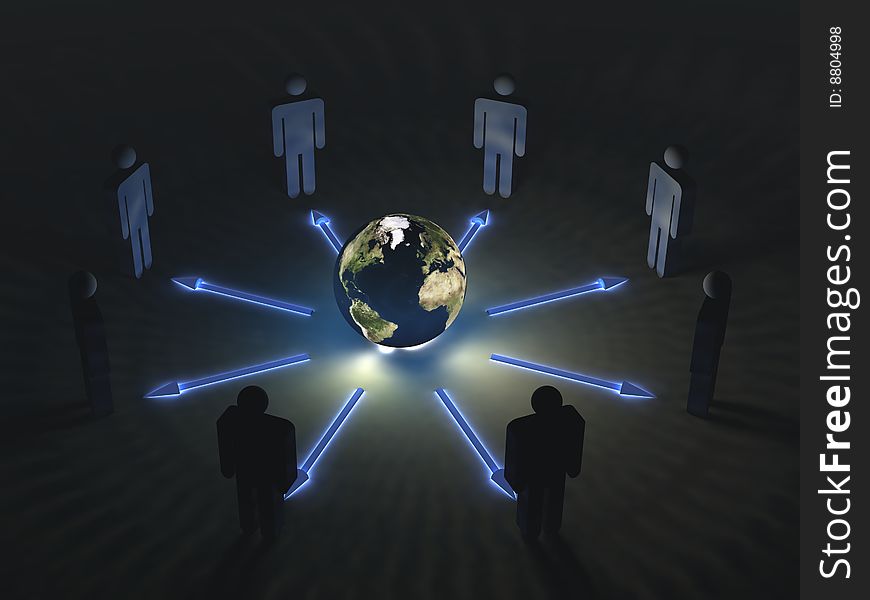 Render of figurines in a circle connected by arrows to an illuminated Earth globe. Render of figurines in a circle connected by arrows to an illuminated Earth globe