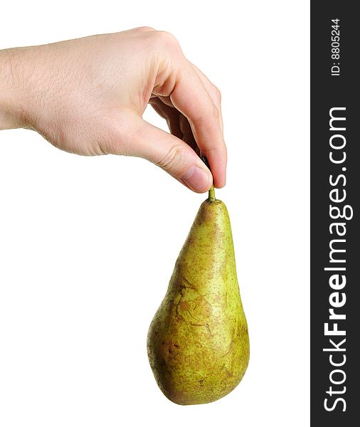 Pear hanging from hand isolated on white background