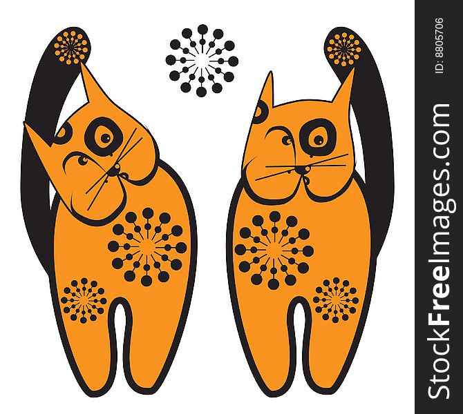 Stylized redhead cats with element of the ornament