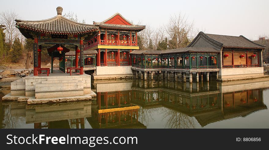 Chinese traditional wooden pavilion In the lake front