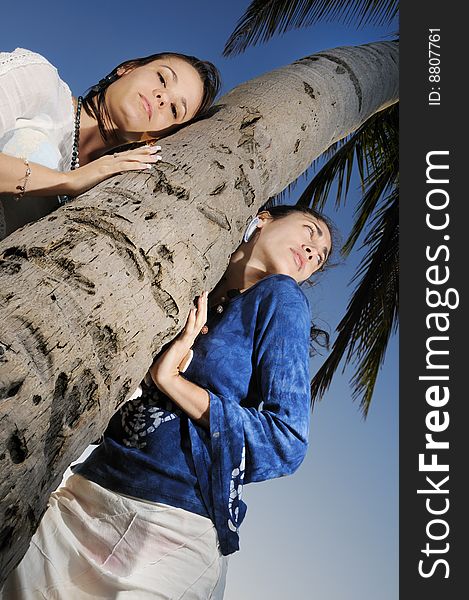 Portrait of two fashion women over tropical palm tree. Portrait of two fashion women over tropical palm tree