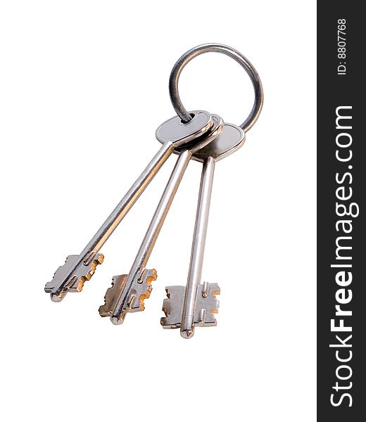 Still-life with bunch of three keys on the ring isolated on white. Still-life with bunch of three keys on the ring isolated on white