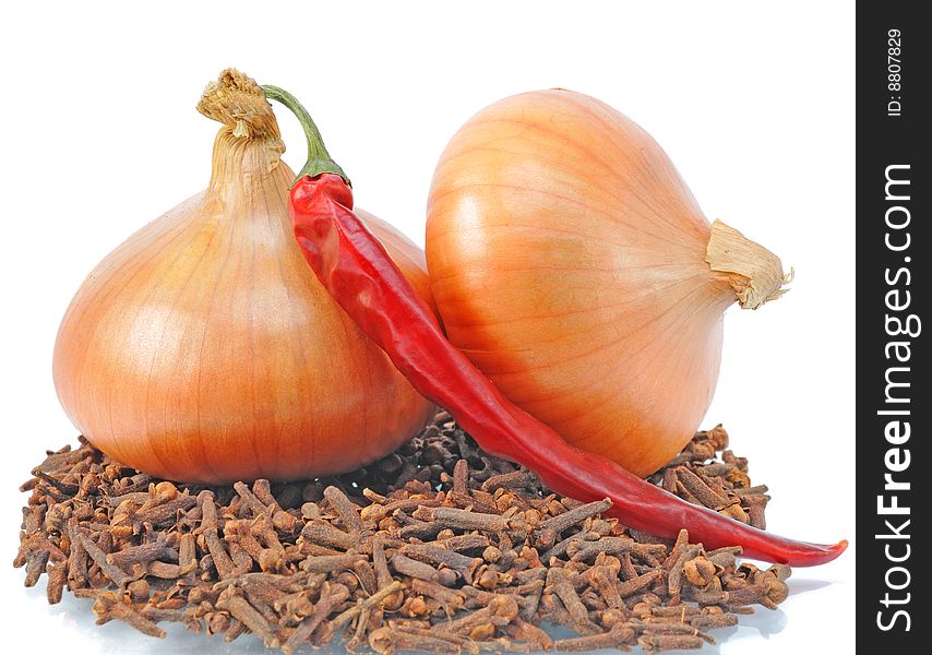 Two onions lie on condiment; isolated on white