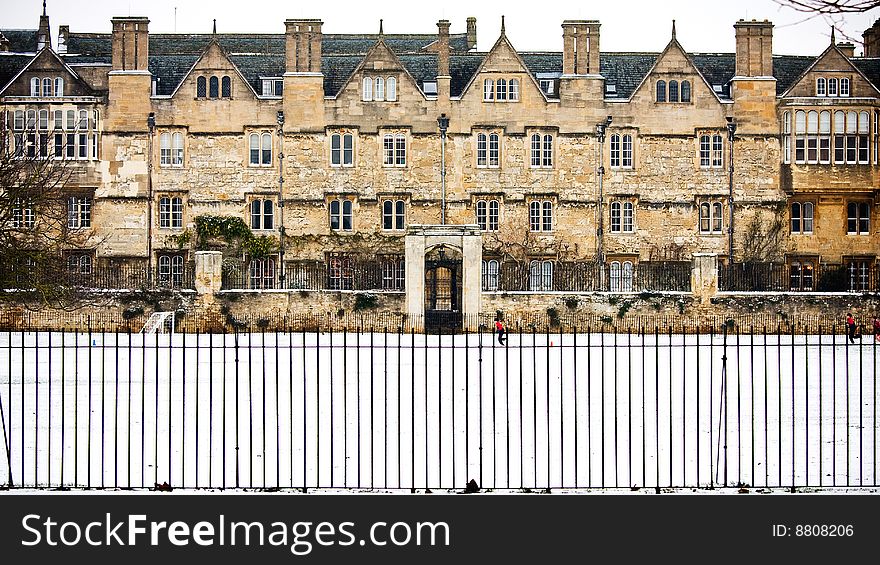 Traditional Oxford University college in the snow. Traditional Oxford University college in the snow