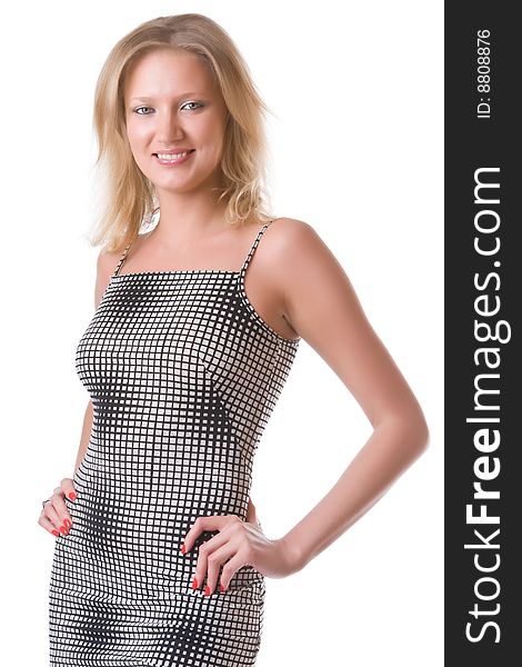 Beautiful girl in a checkered dress isolated on a white background