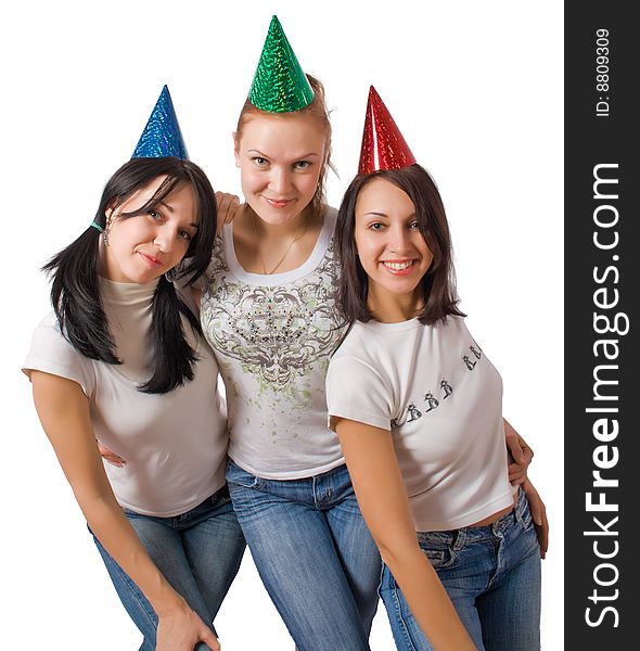Funny girls in fool caps isolated over white with clipping path