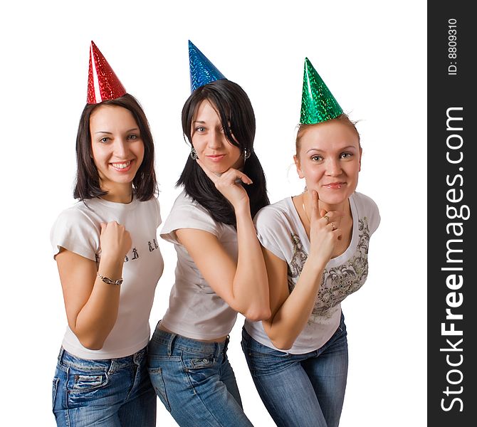 Funny girls in fool caps isolated over white with clipping path