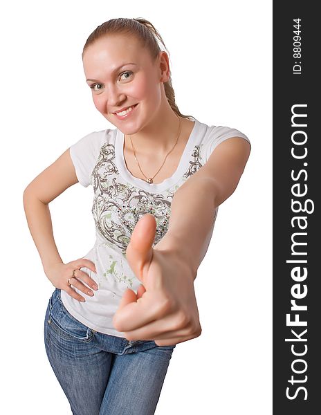 Blonde female show thumb up sign isolated over white with clipping path