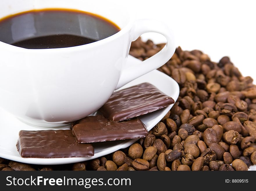 Aromatic sweet coffee in white background